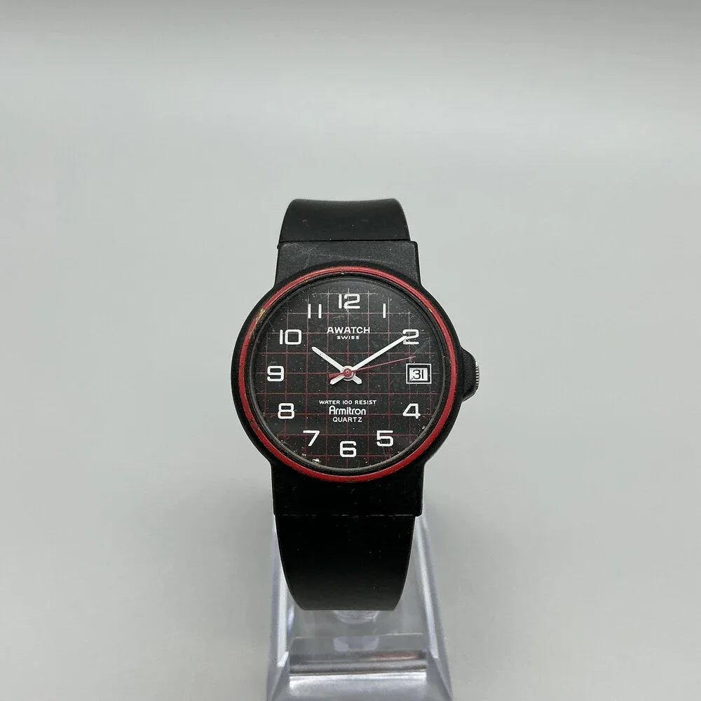 Armitron Awatch Mens Watch 34mm Black Dial Red Bezel Swiss 450.111 New Battery